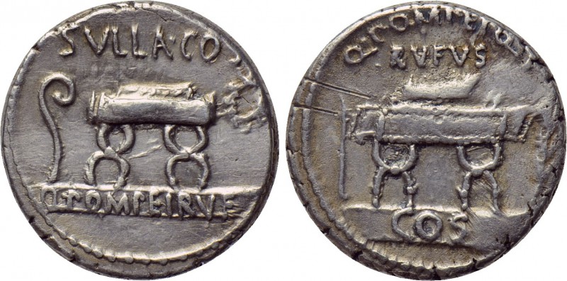 Q. POMPEIUS RUFUS. Denarius (54 BC). Rome. 

Obv: Q POMPEI Q F RVFVS / COS. 
...