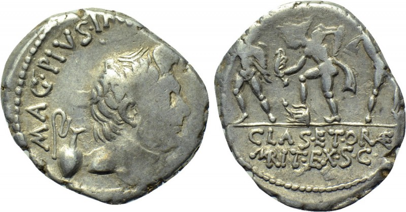 SEXTUS POMPEIUS MAGNUS PIUS. Denarius (37/6 BC). Uncertain Sicilian mint. 

Ob...