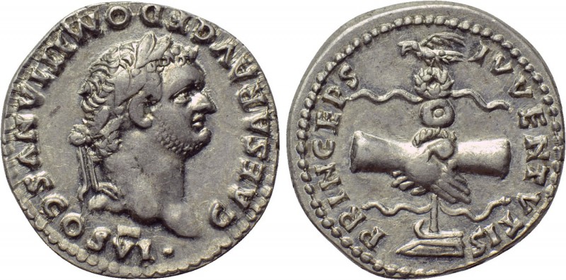 DOMITIAN (Caesar, 69-81). Denarius. Rome. 

Obv: CAESAR AVG F DOMITIANVS COS V...