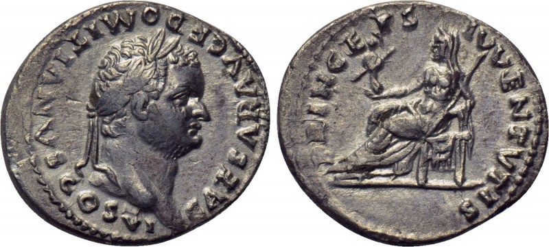 DOMITIAN (Caesar, 69-81). Denarius. Rome. 

Obv: CAESAR AVG F DOMITIANVS COS V...