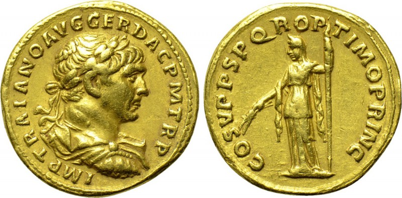 TRAJAN (98-117). GOLD Aureus. Rome. 

Obv: IMP TRAIANO AVG GER DAC P M TR P. ...