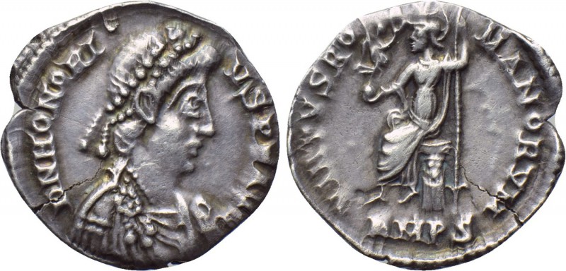 HONORIUS (393-423). Siliqua. Rome. 

Obv: D N HONORIVS P F AVG. 
Diademed, dr...