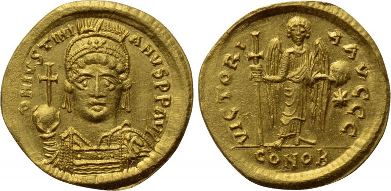 JUSTINIAN I (527-565). GOLD Solidus. Thessalonica. 

Obv: D N IVSTINIANVS P P ...