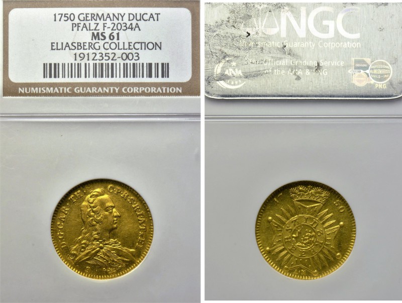 GERMANY. Pfalz. Karl Theodor (1742-1777). GOLD Dukat (1750). Commemorating the O...