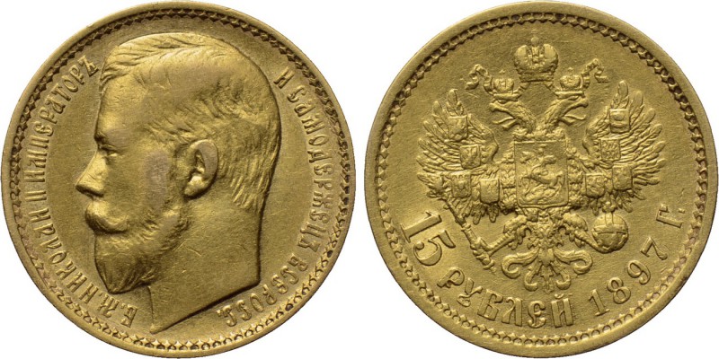 RUSSIA. Nicholas II (1894-1917). GOLD 15 Rubels (1897). St. Petersburg. 

Obv:...