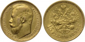 RUSSIA. Nicholas II (1894-1917). GOLD 15 Rubels (1897). St. Petersburg.