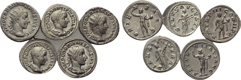 5 coins of Gordianus III. 

Obv: .
Rev: .

. 

Condition: See picture.
...