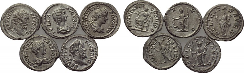 5 Severan denari. 

Obv: .
Rev: .

. 

Condition: See picture.

Weight:...