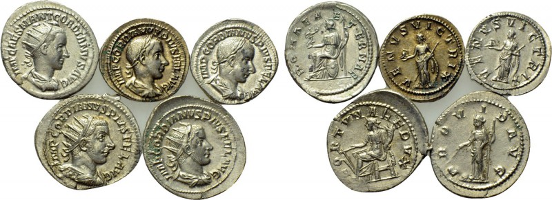 5 coins of Gordianus III. 

Obv: .
Rev: .

. 

Condition: See picture.
...