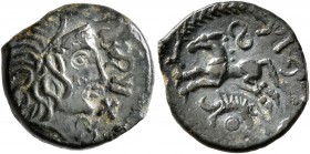 CELTIC, Northwest Gaul. Aulerci Eburovices. Circa 50-30 BC. AE (Bronze, 15 mm, 2.75 g, 4 h). IBRVIXS Diademed female head to right. Rev. Horse jumping...