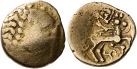CELTIC, Central Gaul. Aedui (?). 2nd century BC. Quarter Stater (Gold, 13 mm, 1.76 g, 10 h). Celticized laureate head of Apollo to right. Rev. Celtici...