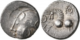CELTIC, Central Gaul. Aedui. Circa 80-50 BC. Quinarius (Silver, 13 mm, 1.55 g, 8 h), 'à la tête casquée' type. Helmeted head of Roma to left. Rev. Cel...