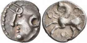 CELTIC, Central Gaul. Aedui. Circa 80-50 BC. Quinarius (Silver, 13 mm, 1.87 g, 5 h), 'à la tête casquée - au torque' type. Helmeted head of Roma to le...