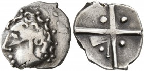 CELTIC, Southern Gaul. Longostaletes. 2nd century BC. Drachm (Silver, 19 mm, 3.58 g), 'à la croix' type. Male head with curly hair to left. Rev. Large...