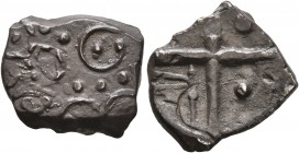 CELTIC, Southern Gaul. Longostaletes. Late 2nd to early 1st century BC. Drachm (Silver, 14 mm, 2.20 g), 'à la croix' type. Disjointed male head to lef...