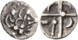 CELTIC, Southern Gaul. Volcae-Tectosages. Mid 2nd to early 1st century BC. Obol (Silver, 10 mm, 0.44 g), 'à la croix' type. Celticized male head to ri...