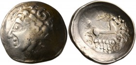 CELTIC, Central Europe. Helvetii. Late 2nd to early first century BC. Scyphate Stater (Electrum, 24 mm, 6.86 g, 11 h). Celticized head of Apollo with ...