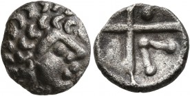 CELTIC, Central Europe. Vindelici. Early 1st century BC. Quinarius (Silver, 13 mm, 1.70 g), 'Kreuzquinar', 'Schönaich II' type. Celticized male head t...