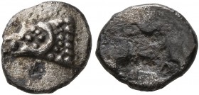 SPAIN. Emporion. Circa 470-460 BC. Hemiobol (Silver, 9 mm, 0.60 g). Head of a ram to left. Rev. Incuse square quartered by pelleted lines; in each qua...