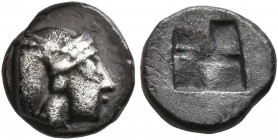 GAUL. Massalia. Circa 500-475 BC. Obol (?) (Silver, 8 mm, 0.63 g). Archaic female head to right, wearing Attic helmet. Rev. Quadripartite incuse squar...