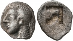 GAUL. Massalia. Circa 500-475 BC. Obol (Silver, 11 mm, 1.01 g), Milesian standard. Archaic female head to left. Rev. Rough incuse square. Auriol Annex...
