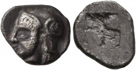 GAUL. Massalia. Circa 475-460 BC. Obol (Silver, 10 mm, 0.93 g), Phokaic standard. Head of Athena to left, wearing Attic helmet adorned with a volute o...
