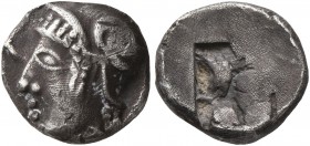GAUL. Massalia. Circa 475-460 BC. Obol (Silver, 9 mm, 0.93 g). Head of Athena to left, wearing Attic helmet adorned with a volute on the bowl. Rev. Ro...