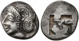 GAUL. Massalia. Circa 475-460 BC. Obol (Silver, 10 mm, 0.79 g), Phokaic standard. Archaic head of Apollo to left. Rev. Rough swastika pattern incuse s...