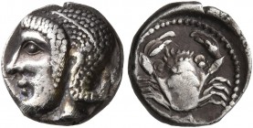 GAUL. Massalia. Circa 460-450 BC. Obol (Silver, 9 mm, 1.05 g, 12 h). Archaic head of Apollo to left. Rev. Crab; below, M. LT 511. Maurel 214. A beauti...