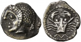 GAUL. Massalia. Circa 460-450 BC. Hemiobol (?) (Silver, 9 mm, 0.53 g, 9 h). Archaic head of Apollo to left. Rev. Crab; below, M. LT 511. Maurel 221 (d...