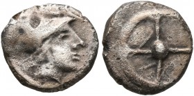 GAUL. Massalia. Circa 450-410 BC. Obol (Silver, 9 mm, 0.87 g). Head of Athena to right, wearing laureate Corinthian helmet. Rev. Wheel of four spokes....