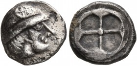 GAUL. Massalia. Circa 450-410 BC. Obol (Silver, 9 mm, 0.92 g). Male head with long hair to right, wearing helmet adorned with wheel of four spokes on ...