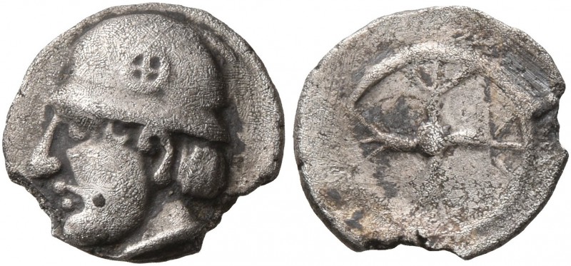 GAUL. Massalia. Circa 450-410 BC. Obol (Silver, 10 mm, 0.61 g). Male head with l...