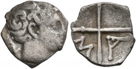 GAUL. Glanum. Circa 160-110 BC. Obol (Silver, 10 mm, 0.45 g). Laureate head of Apollo to right; behind, ΠN. Rev. MA within wheel of four spokes. LT 57...