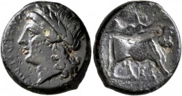 CAMPANIA. Compulteria. Circa 265-240 BC. AE (Bronze, 20 mm, 5.33 g, 12 h). 'kumpulterum' (in Oscian) Laureate head of Apollo to left. Rev. Man-headed ...