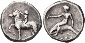 CALABRIA. Tarentum. Circa 380-340 BC. Didrachm or Nomos (Silver, 20 mm, 7.86 g, 7 h). Nude youth riding horse walking to left, raising his right hand ...