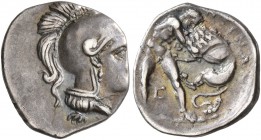 CALABRIA. Tarentum. Circa 325-280 BC. Diobol (Silver, 13 mm, 1.05 g, 6 h). Head of Athena to right, wearing crested Attic helmet. Rev. TAPAN Herakles ...