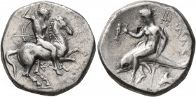 CALABRIA. Tarentum. Circa 315-302 BC. Didrachm or Nomos (Silver, 21 mm, 7.09 g, 8 h). Nude rider on horse galloping to right, stabbing with spear held...