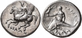 CALABRIA. Tarentum. Circa 280-272 BC. Didrachm or Nomos (Silver, 21 mm, 7.80 g, 7 h), Ey... and Philon, magistrates. Nude warrior on horseback left, h...