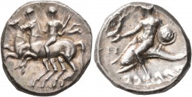 CALABRIA. Tarentum. Circa 280-272 BC. Didrachm or Nomos (Silver, 20 mm, 6.70 g, 1 h), Phy..., Sodamos and Gu..., magistrates. The Dioscouri (or two ep...