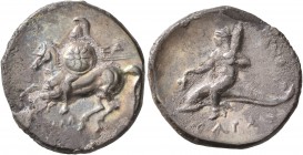 CALABRIA. Tarentum. Circa 280-272 BC. Didrachm or Nomos (Silver, 22 mm, 6.35 g, 3 h). ΞΩ - AΠOΛΛΩ Warrior on horse galloping to left, holding shield d...