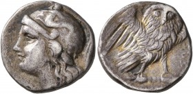 CALABRIA. Tarentum. Circa 280-272 BC. Drachm (Silver, 16 mm, 3.02 g, 5 h). Head of Athena to left, wearing crested Attic helmet decorated with Skylla ...