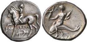 CALABRIA. Tarentum. Circa 272-240 BC. Didrachm or Nomos (Silver, 21 mm, 6.36 g, 7 h), Apistis, magistrate. Nude youth riding horse walking to left, ra...