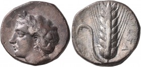 LUCANIA. Metapontion. Circa 400-340 BC. Didrachm or Nomos (Silver, 20 mm, 7.65 g, 2 h), signed by Aristoxenos. Head of Demeter to left, wearing wreath...