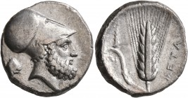 LUCANIA. Metapontion. Circa 340-330 BC. Didrachm or Nomos (Silver, 20 mm, 7.81 g, 1 h). Bearded head of Leukippos to right, wearing Corinthian helmet;...