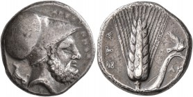 LUCANIA. Metapontion. Circa 340-330 BC. Didrachm or Nomos (Silver, 20 mm, 7.72 g, 7 h). ΛEYKIΠΠOΣ Bearded head of Leukippos to right, wearing Corinthi...