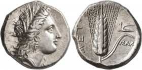LUCANIA. Metapontion. Circa 330-290 BC. Didrachm or Nomos (Silver, 20 mm, 7.87 g, 3 h). Head of Demeter to right, wearing wreath of grain ears, triple...