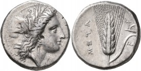 LUCANIA. Metapontion. Circa 330-290 BC. Didrachm or Nomos (Silver, 21 mm, 7.89 g, 11 h). Head of Demeter to right, wearing wreath of grain ears, tripl...