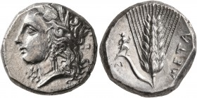LUCANIA. Metapontion. Circa 330-290 BC. Didrachm or Nomos (Silver, 19 mm, 7.95 g, 7 h). Head of Demeter to left, wearing wreath of grain ears, triple ...