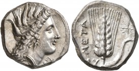 LUCANIA. Metapontion. Circa 330-290 BC. Didrachm or Nomos (Silver, 20 mm, 7.87 g, 3 h). Head of Demeter to right, wearing grain wreath, triple pendant...
